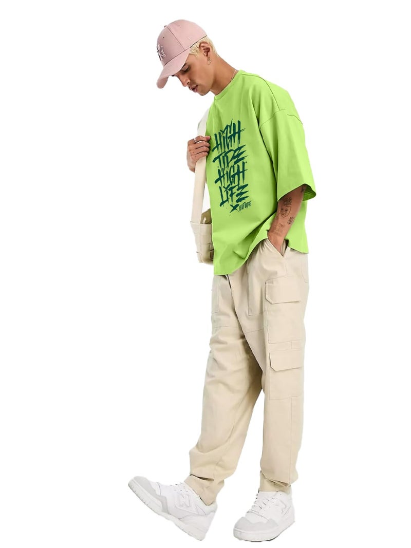 LEOTUDE Men's Oversized Half Sleeve Round Neck T Shirt (FS49_HIGH_NN_P_Neon Green_S) - Image 3