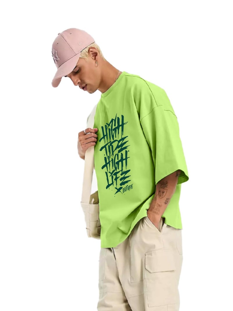 LEOTUDE Men's Oversized Half Sleeve Round Neck T Shirt (FS49_HIGH_NN_P_Neon Green_S) - Image 4