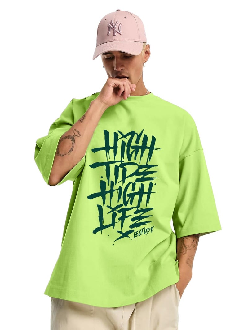 LEOTUDE Men's Oversized Half Sleeve Round Neck T Shirt (FS49_HIGH_NN_P_Neon Green_S) - Image 1