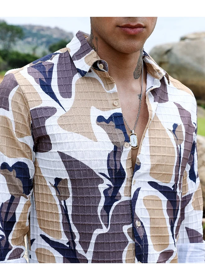 CAHOOT  Men's Taupe Brown & Beige Abstract Tulip Shirt For Casual Wear | Spread Collar | Long Sleeve | Button Closure | Shirt Crafted With Comfort Fit For Everyday Wear for Men | Best Price UAE
