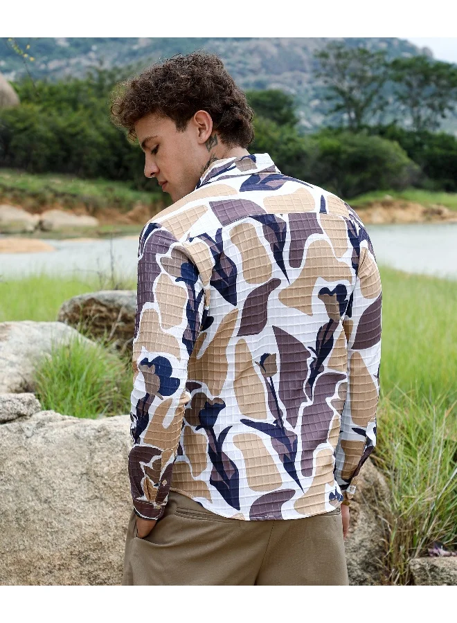CAHOOT  Men's Taupe Brown & Beige Abstract Tulip Shirt For Casual Wear | Spread Collar | Long Sleeve | Button Closure | Shirt Crafted With Comfort Fit For Everyday Wear for Men | Best Price UAE