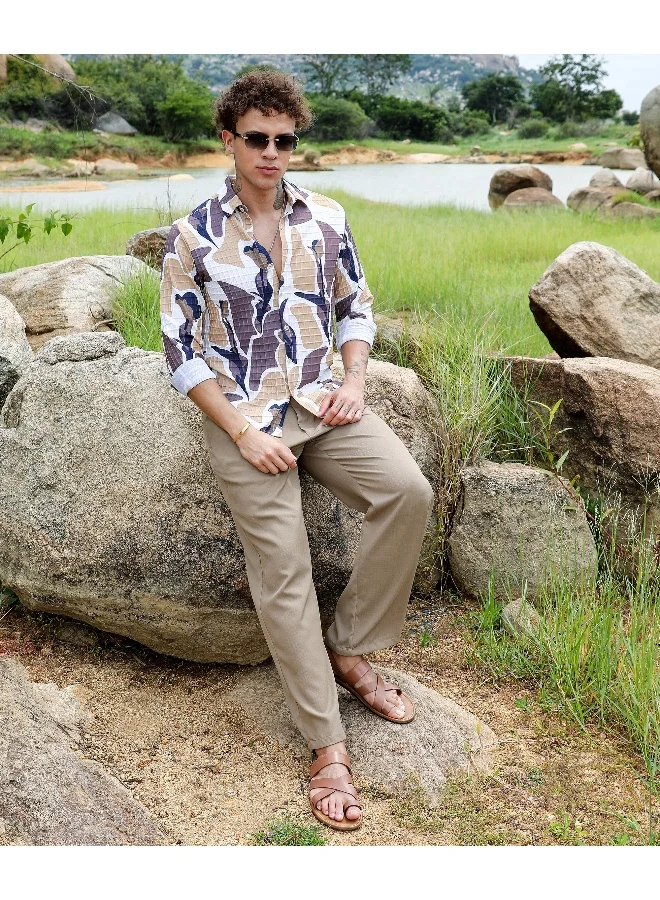 Campus Sutra Men's Taupe Brown & Beige Abstract Tulip Shirt For Casual Wear | Spread Collar | Long Sleeve | Button Closure | Shirt Crafted With Comfort Fit For Everyday Wear