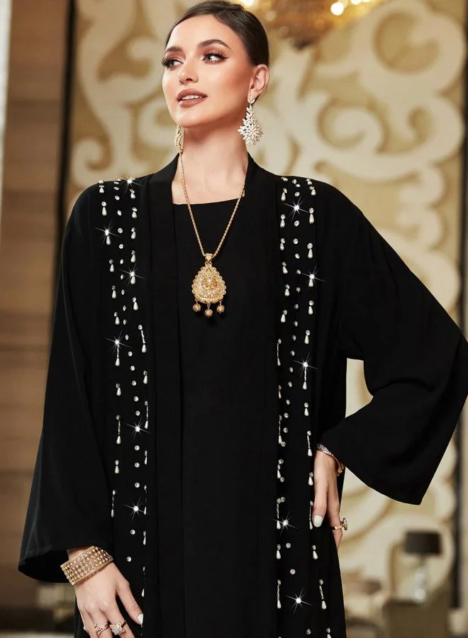 Take Two Black Women's Solid Rhinestone Embellished Long Sleeve Abaya for Women | Best Price UAE