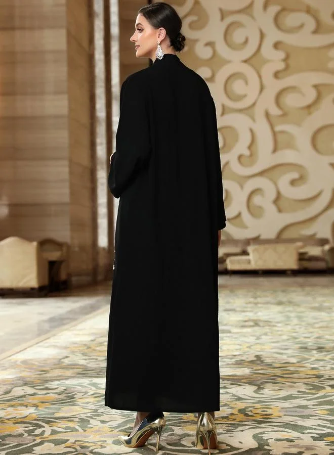Take Two Black Women's Solid Rhinestone Embellished Long Sleeve Abaya for Women | Best Price UAE