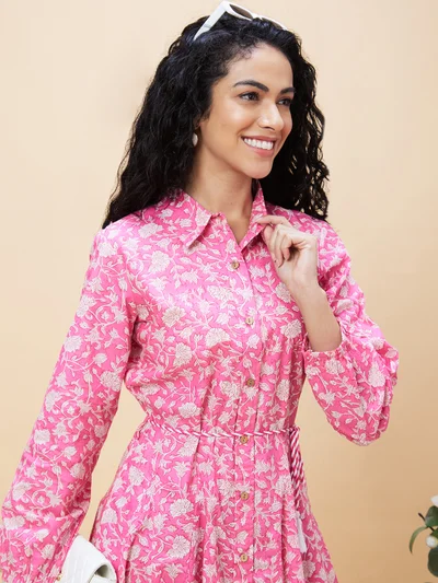 globus Women Floral Printed Pure Cotton Shirt Dress