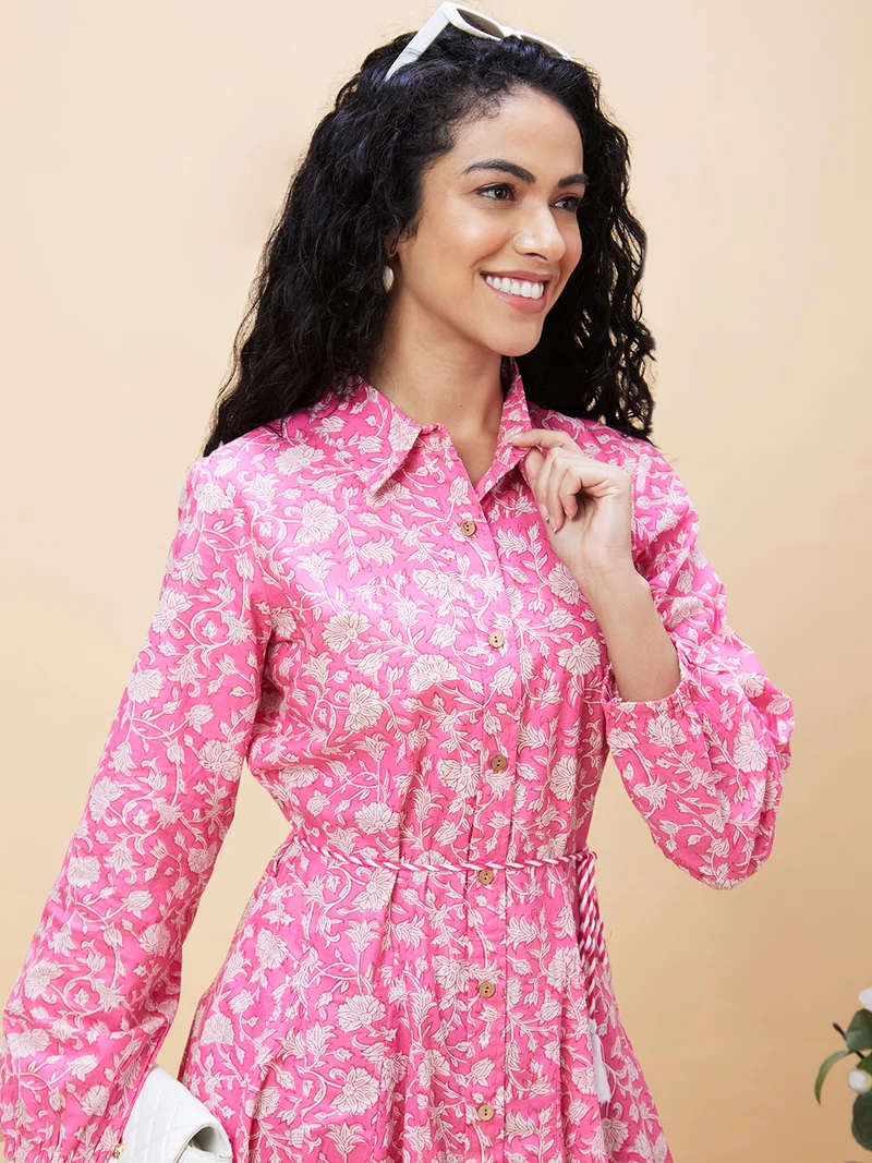 globus Women Floral Printed Pure Cotton Shirt Dress