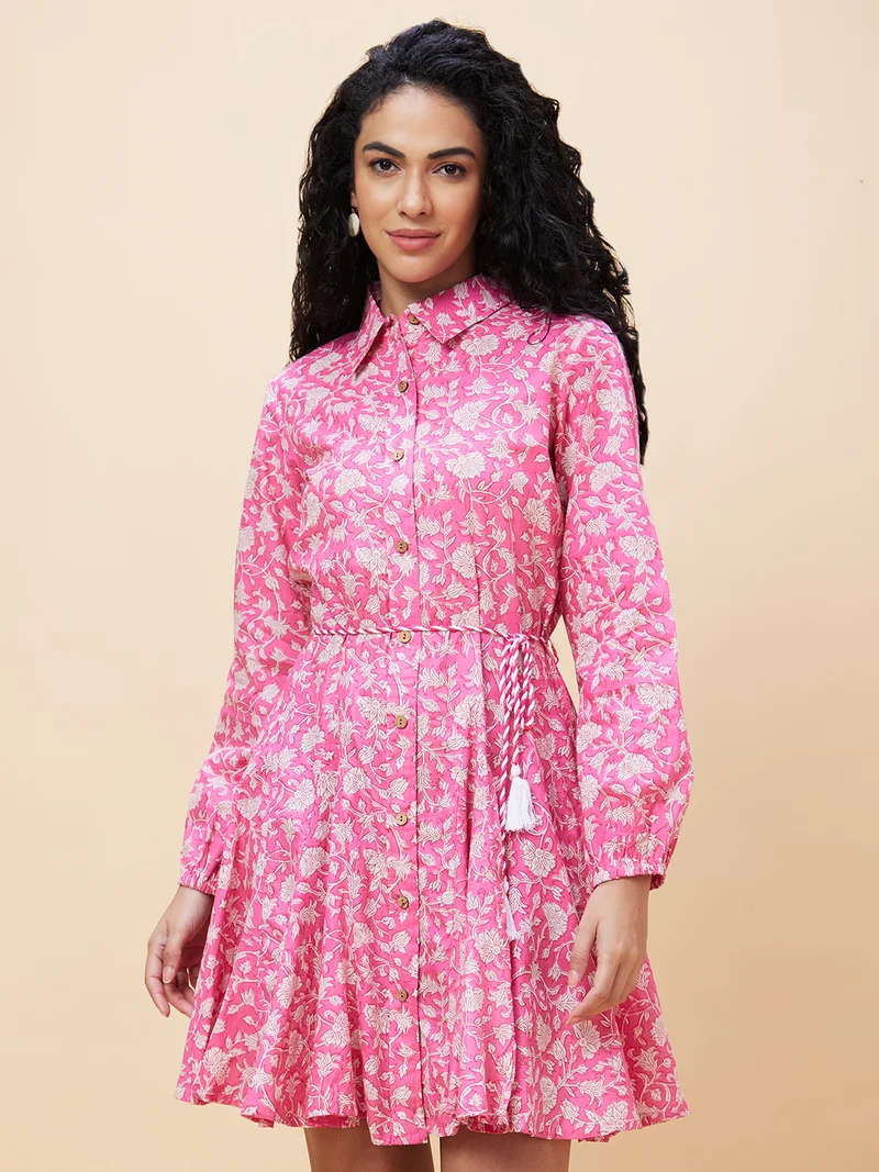 globus Women Floral Printed Pure Cotton Shirt Dress