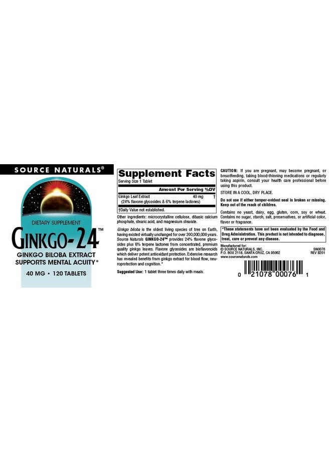 Source Naturals Ginkgo-24 - Ginkgo Biloba Extract Supports Mental Acuity* - 40 mg, 120 Tablets - Image 4