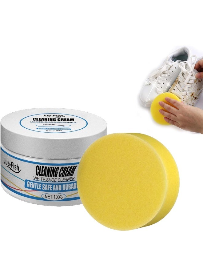 JUE-FISH White Shoe Cleaning Cream, 100g Multi-Functional White Shoes Cleaner Cream, Shoes Whitening Cleansing Gel Sneaker Stain Remover with Sponge, Cleaning Maintenance Yellowing (1PC) - Image 1