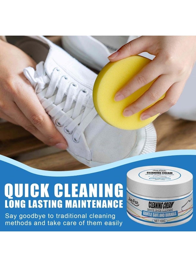 JUE-FISH White Shoe Cleaning Cream, 100g Multi-Functional White Shoes Cleaner Cream, Shoes Whitening Cleansing Gel Sneaker Stain Remover with Sponge, Cleaning Maintenance Yellowing (1PC) - Image 3