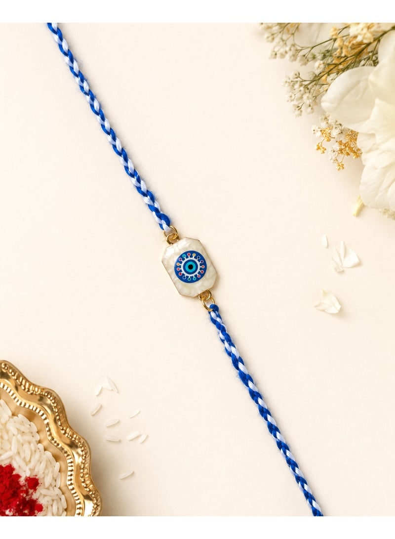 Bhai Rakhi with Evil Eye Charm, Blue & White Braided Thread