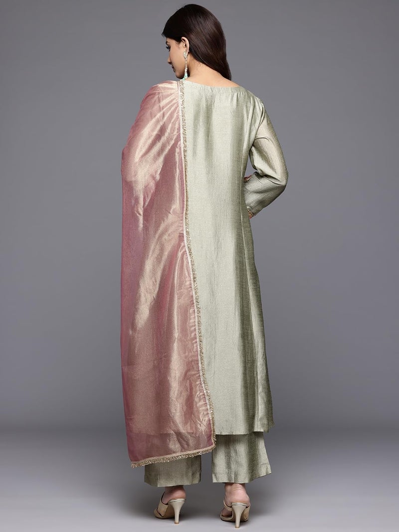 Varanga Floral Yoke Design Sequinned Panelled Anarkali Kurta With Palazzo & Dupatta - Image 3