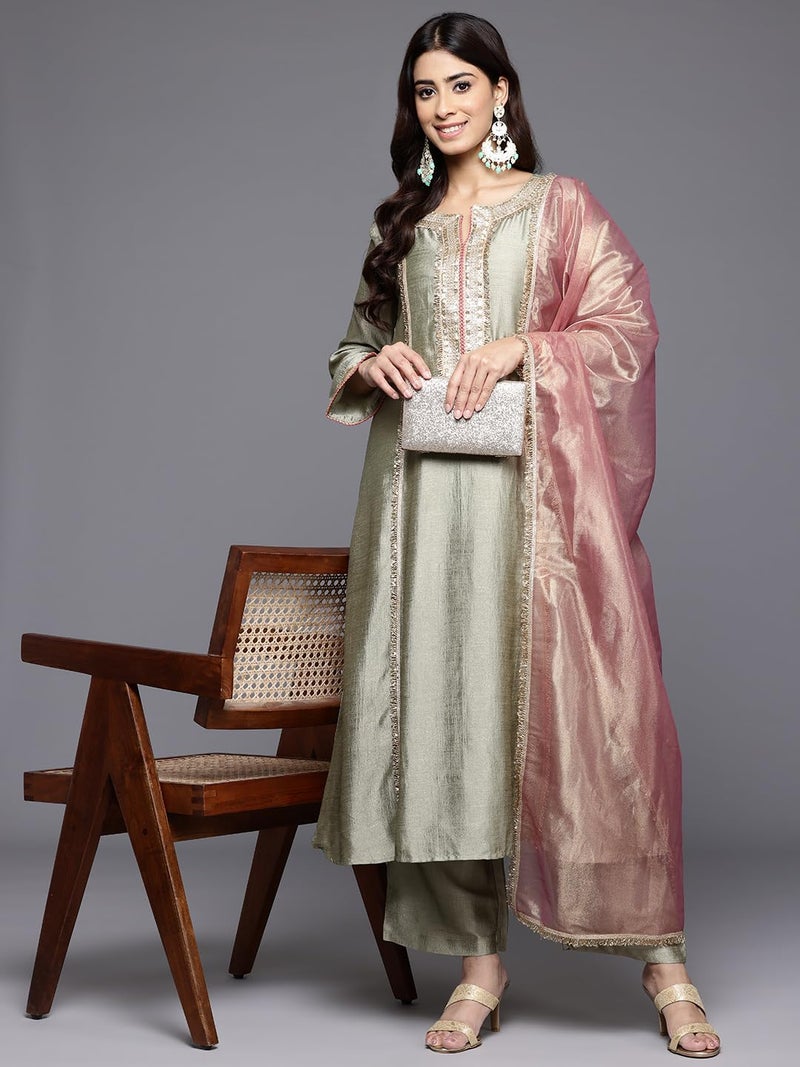 Varanga Floral Yoke Design Sequinned Panelled Anarkali Kurta With Palazzo & Dupatta - Image 5