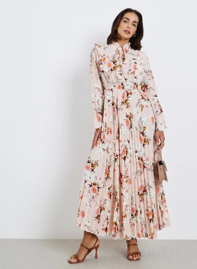 Styli Floral Print Tie Neck Pleated Hem Midi Dress