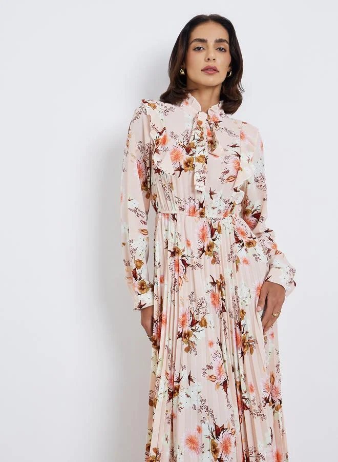 Styli Floral Print Tie Neck Pleated Hem Midi Dress