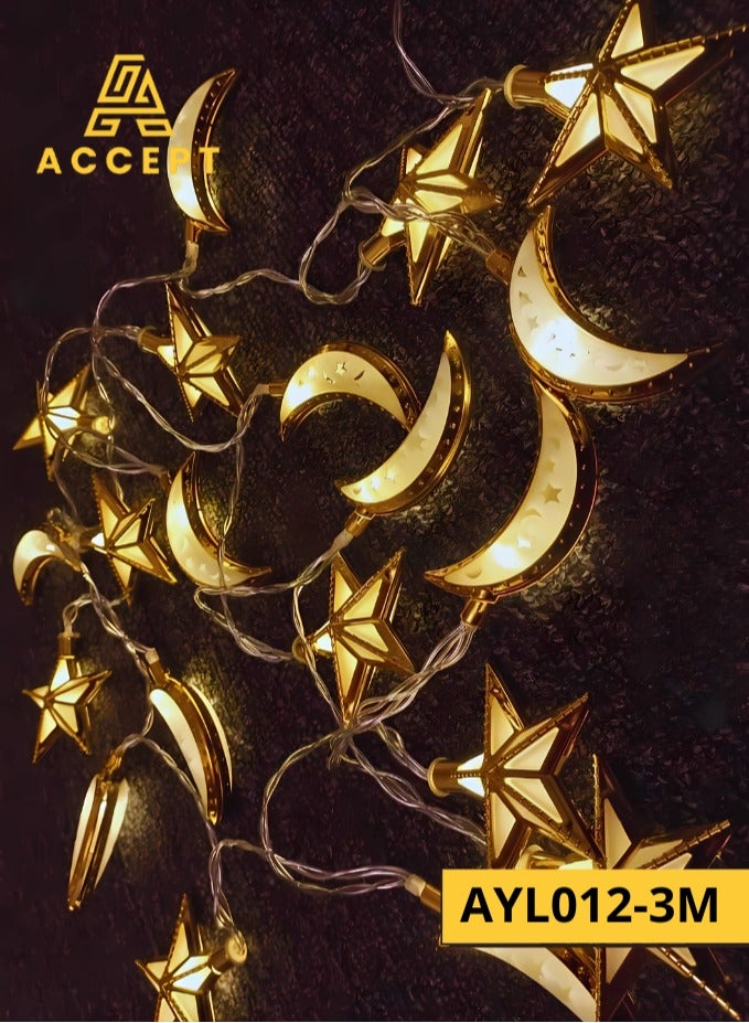 Ramadan decoration, crescent moon and Ramadan stars shape, 3 meters long, works on 1.5V battery