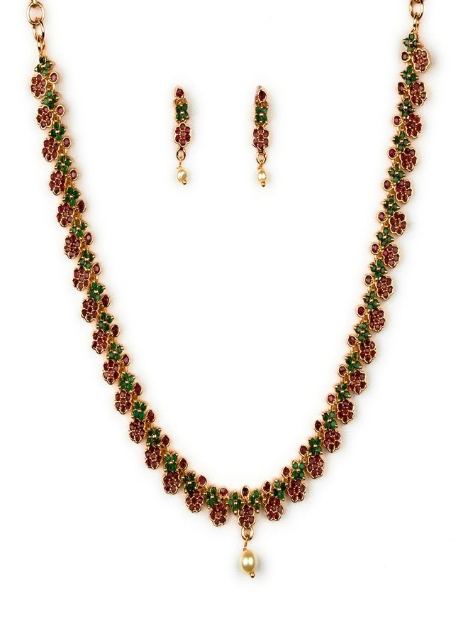 Sasitrends Women Amazing Ruby Green Micro Gold Plated American Diamond Studded Floral Necklace Jewellery Set - Image 1