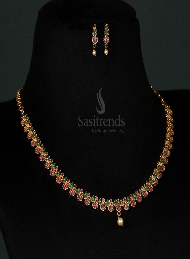 Sasitrends Women Amazing Ruby Green Micro Gold Plated American Diamond Studded Floral Necklace Jewellery Set - Image 3