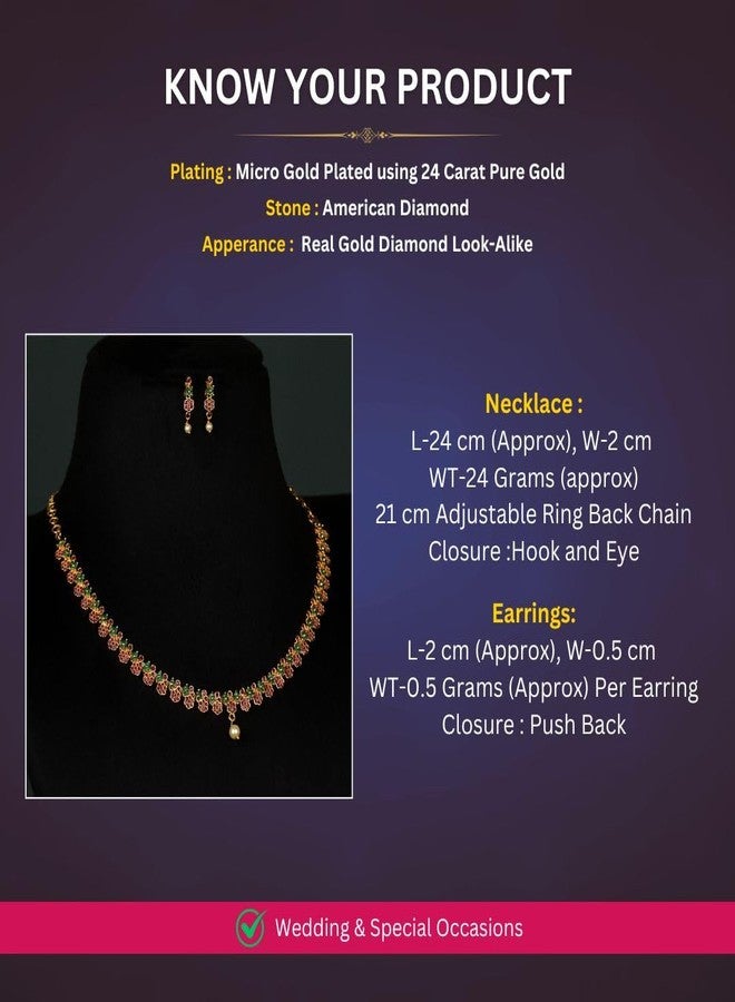 Sasitrends Women Amazing Ruby Green Micro Gold Plated American Diamond Studded Floral Necklace Jewellery Set - Image 2