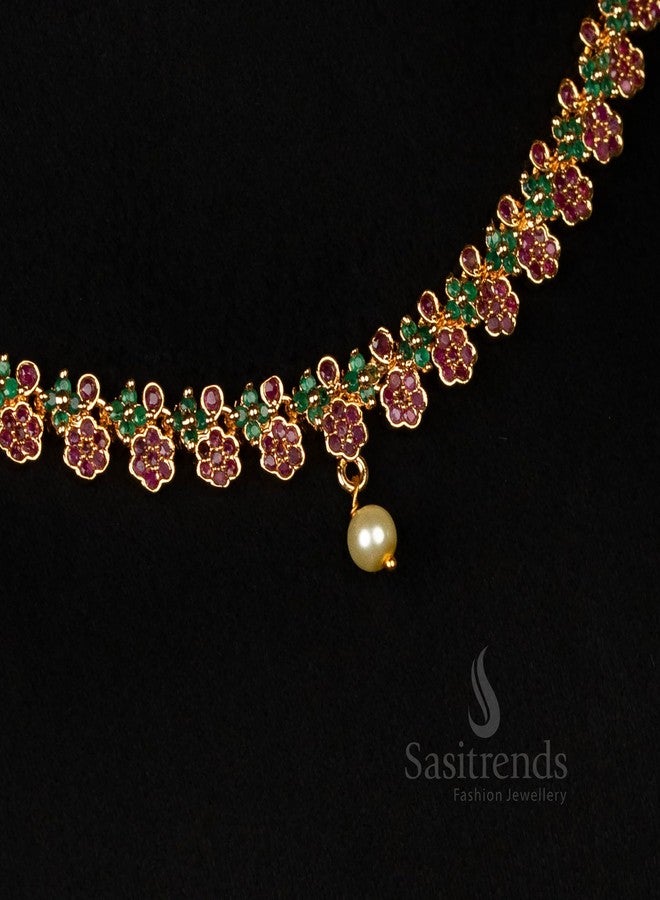 Sasitrends Women Amazing Ruby Green Micro Gold Plated American Diamond Studded Floral Necklace Jewellery Set - Image 5