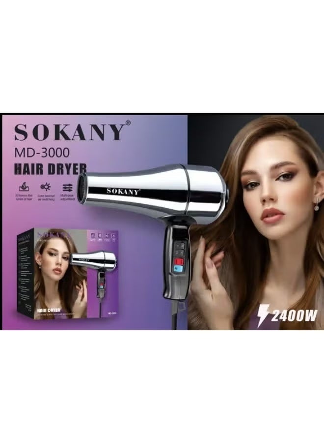 sokany MD-3000 Professional Hair Dryer 2400W , Stainless Steel Body Blow Dryer with 2 Speed & 2 Heat Settings, Fast Drying Hair Care Technology, Concentrator Nozzle, Hanging Loop, Durable Shatterproof Design, 220–240V for Salon & Home Use - Image 4