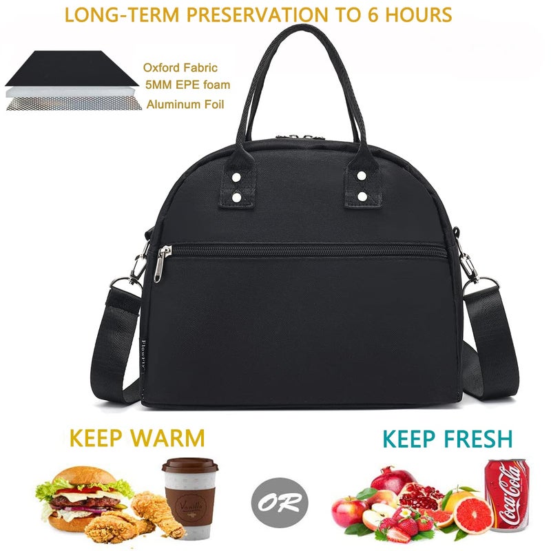 FlowFly Insulated Lunch Bag With Shoulder Strap for Women, Men, and Kids, Large and Reusable, Handle, Freezable Work and School Travel Tote and Meal Prep Organizer (Black) - Image 2