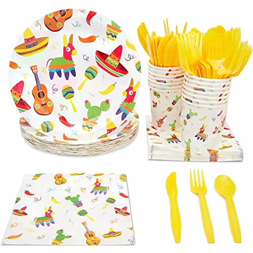Blue Panda BLUE PANDA 144 Piece Lets Fiesta Dinnerware Set for Cinco de Mayo Party Supplies Taco Tuesday Decorations Serves 24