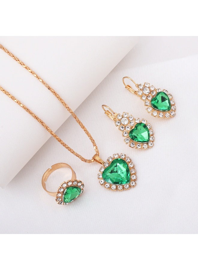إينوشا طقم الزمرد الأخضر على الطراز القديم - مجموعة ثلاثية كاملة من القلادة المتدلية والأقراط الطويلة والخاتم الفاخر - Image 1