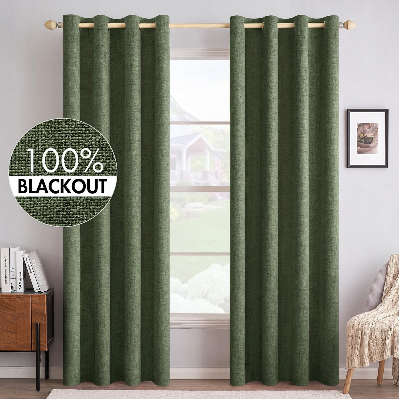 MIULEE 100% Blackout Linen Textured Curtains for Bedroom Solid Thermal Insulated Olive Green Grommet Room Darkening Curtains & Drapes Luxury Decor for Living Room 52 x 84 Inch (2 Panels)
