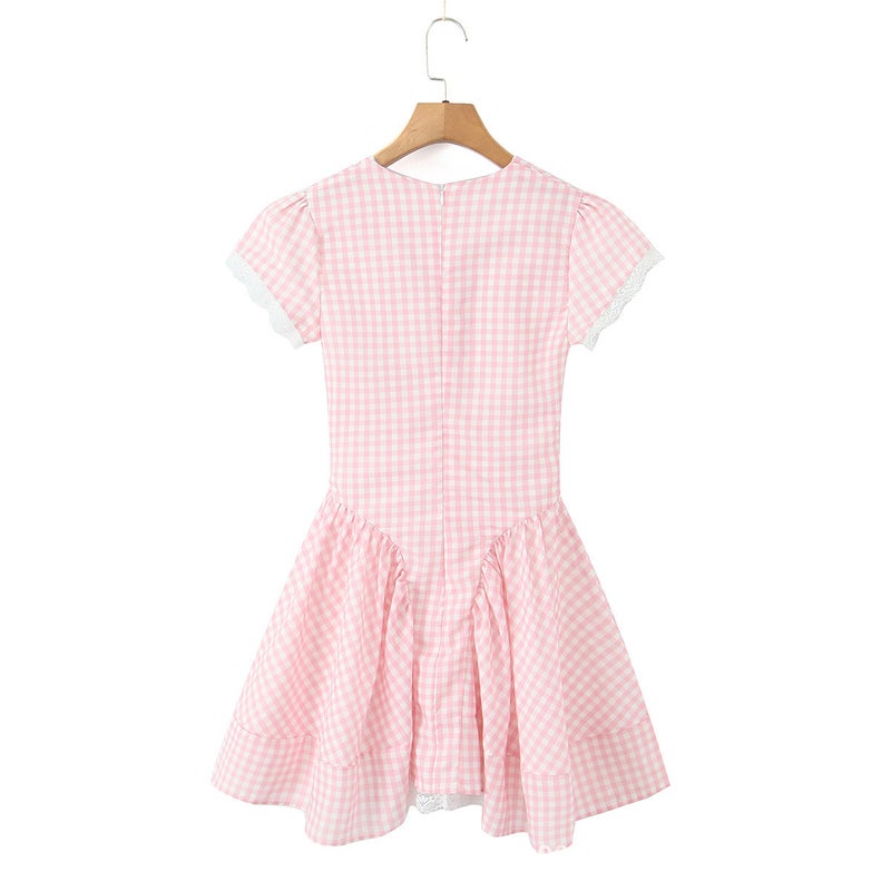 Pink Plaid V-Neck Bow Mini Dress - Image 4