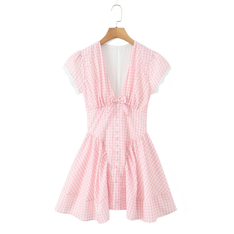 Pink Plaid V-Neck Bow Mini Dress - Image 3