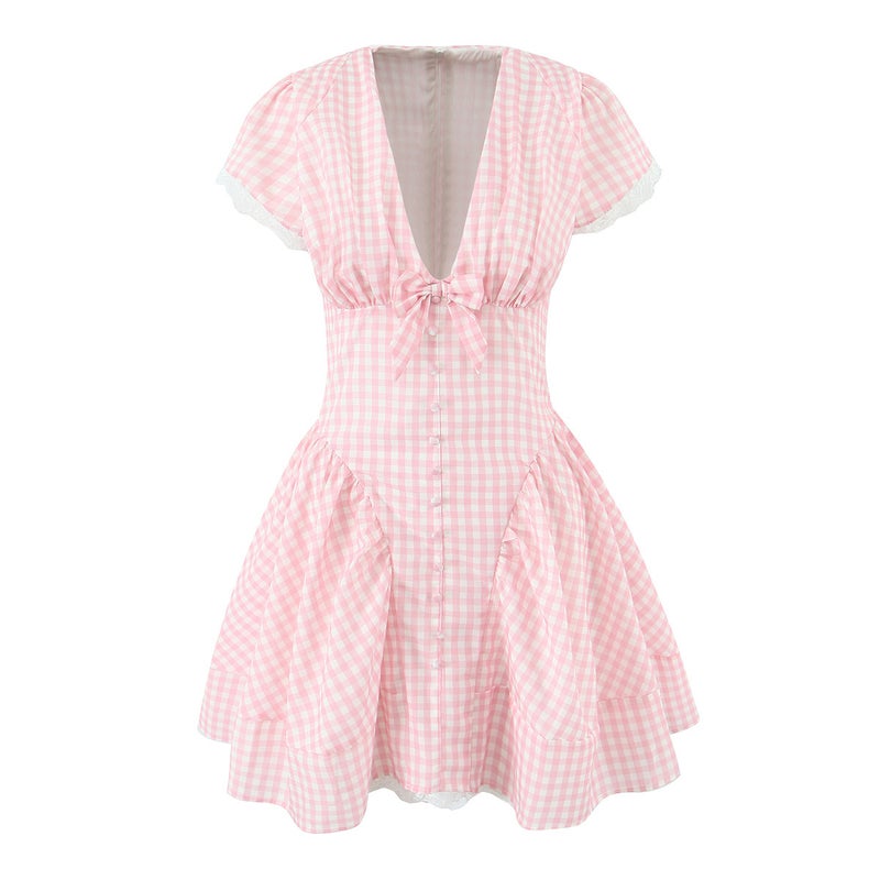 Pink Plaid V-Neck Bow Mini Dress - Image 1