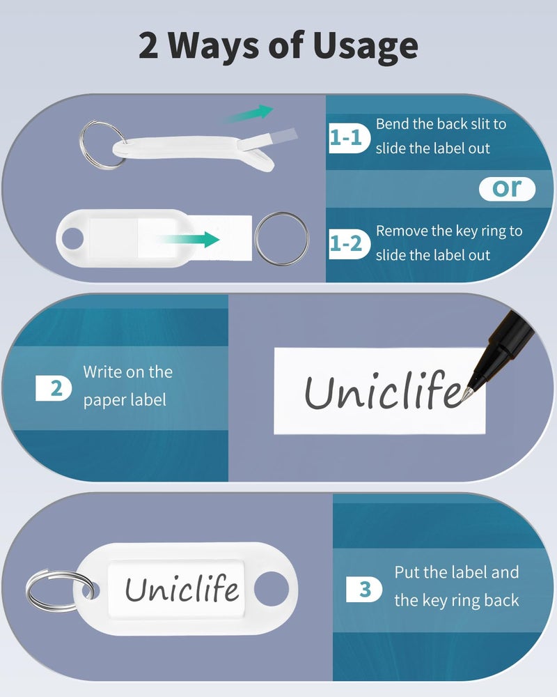 Uniclife 40 Pieces Key Tags 2 Inch Soft Plastic Key Chain Tags with Blank Paper Labels Clear Windows Protective Films and Split Rings Flexible Item Identifiers, White - Image 5