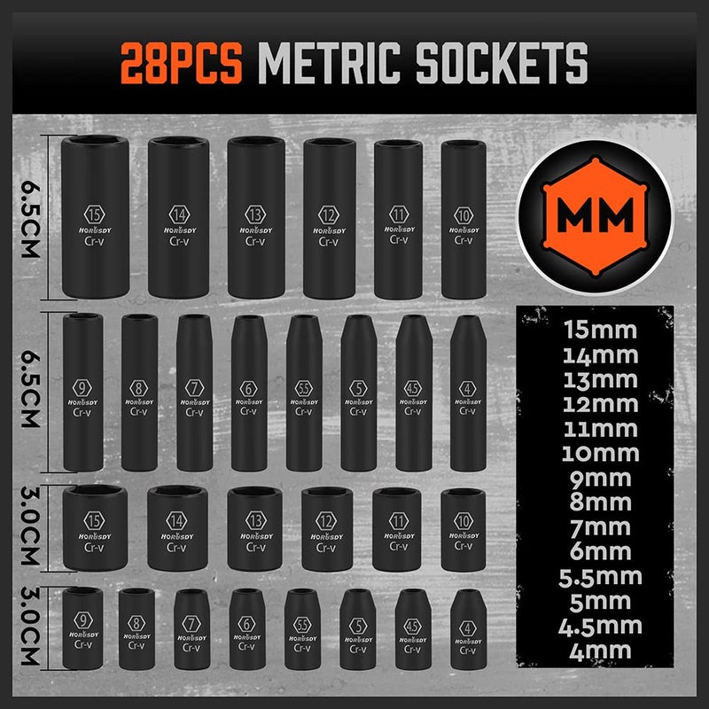 HORUSDY 1/4" Drive Impact Socket Set, 56-Piece Standard SAE (5/32 to 9/16 inch) and Metric (4-15mm) Size, 6 Point, Cr-V, 1/4-Inch Drive Ratchet Handle, Drive Extension Bar, Impact Universal Joint - Image 4