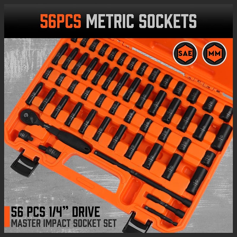 HORUSDY 1/4" Drive Impact Socket Set, 56-Piece Standard SAE (5/32 to 9/16 inch) and Metric (4-15mm) Size, 6 Point, Cr-V, 1/4-Inch Drive Ratchet Handle, Drive Extension Bar, Impact Universal Joint - Image 2