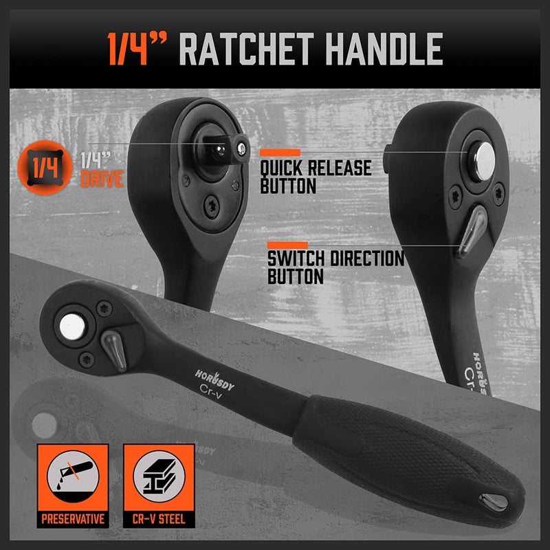 HORUSDY 1/4" Drive Impact Socket Set, 56-Piece Standard SAE (5/32 to 9/16 inch) and Metric (4-15mm) Size, 6 Point, Cr-V, 1/4-Inch Drive Ratchet Handle, Drive Extension Bar, Impact Universal Joint - Image 5