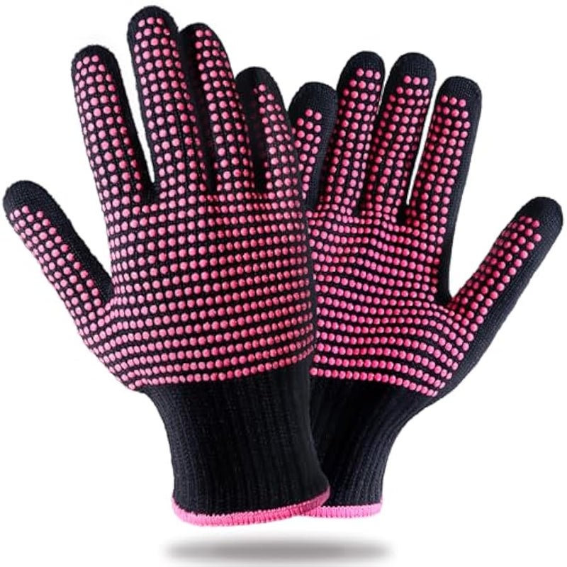 2 Pcs Heat Resistant Gloves with Silicone Bumps, (New Upgraded) Professional Heat Proof Glove Mitts for Hair Styling Curling Iron Wand Flat Iron Hot-Air Brushes, Universal Fit Size - Image 1