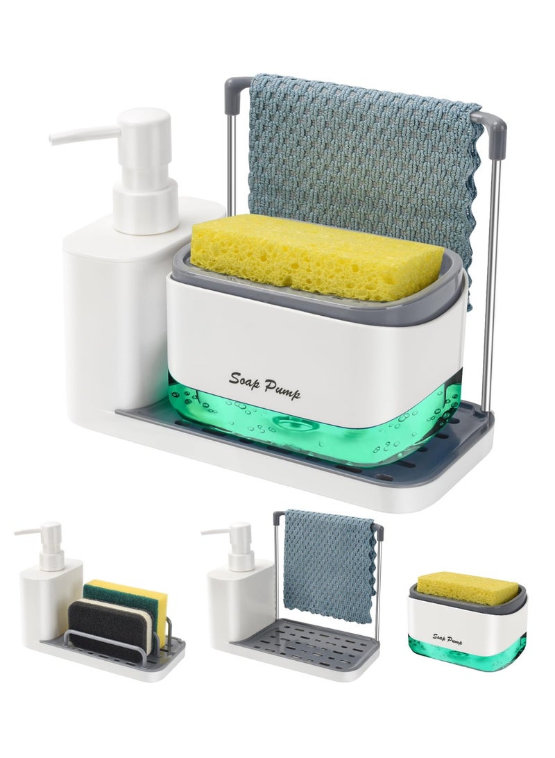 YUFAN Hand and Dish Soap Dispenser Set with Tray, Dual Soap Dispenser with Sponge Holder and Dishcloth Holder 5-in-1 Organizer for Kitchen Sink Countertop Storage Organizer - Useful Kitchen Gadgets (White) - Image 1