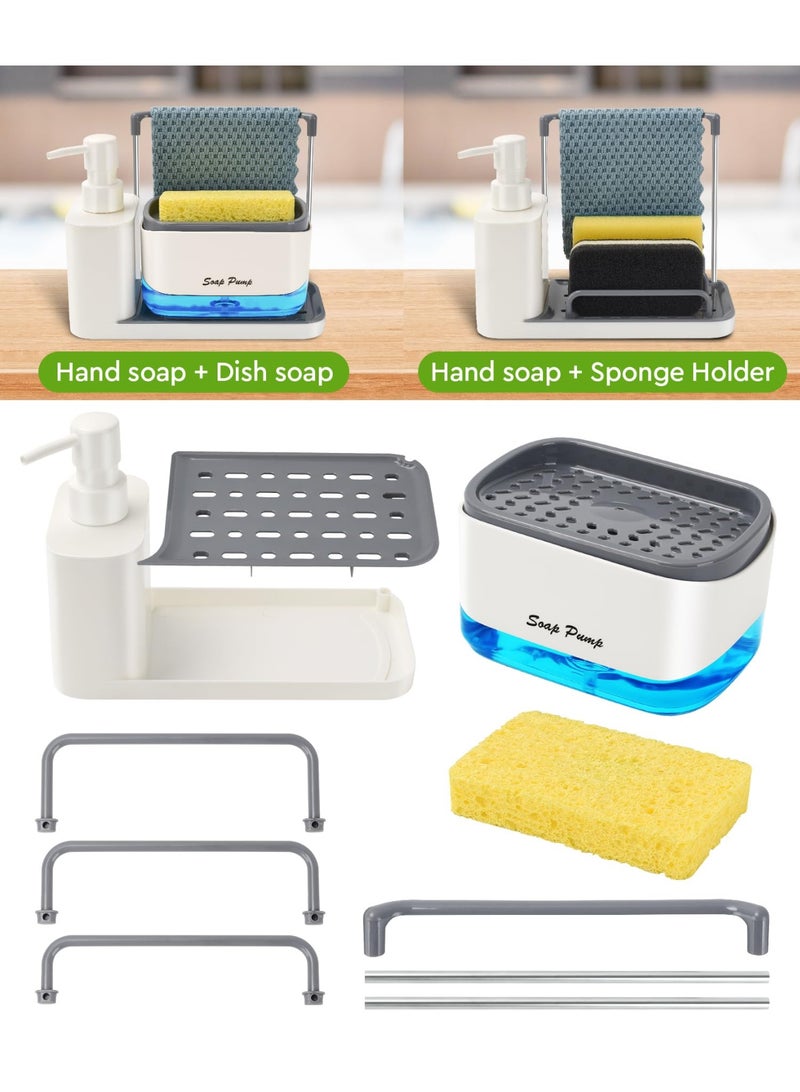 YUFAN Hand and Dish Soap Dispenser Set with Tray, Dual Soap Dispenser with Sponge Holder and Dishcloth Holder 5-in-1 Organizer for Kitchen Sink Countertop Storage Organizer - Useful Kitchen Gadgets (White) - Image 2
