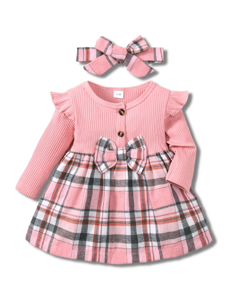 SODLON Baby Girl Dresses 36 Months Girl Clothes Infant Outfits Winter Fall Girls Long Sleeve Dress Ribbed Ruffle Romper Plaid Skirt Sets Birthday Pink Dress for Girls 
