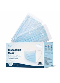 WeCare Disposable Face Mask Individually Wrapped - 50 Pack, Blue Masks 3 Ply  - Image 1