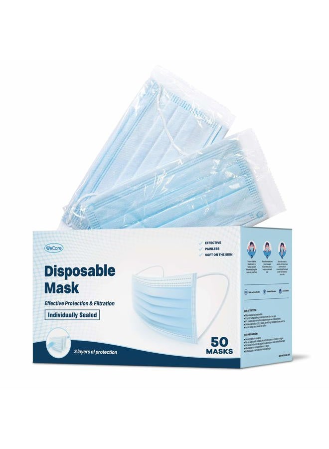 WeCare Disposable Face Mask Individually Wrapped - 50 Pack, Blue Masks 3 Ply  - Image 1