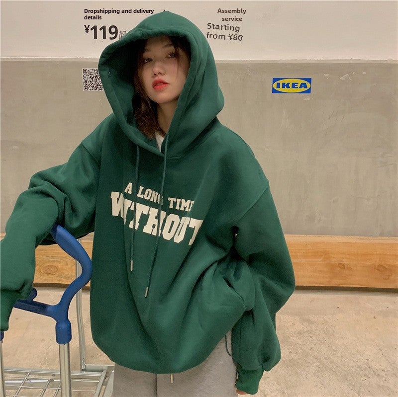 Fleece Lined Hoodie Womens Letter Print Loose Sweatshirt Pine Green  - Image 3