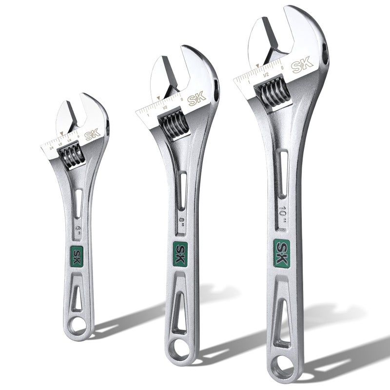 SK 3-Piece Adjustable Wrench Set, 6-Inch, 8-Inch, 10-Inch, Cr-V Steel, SAE & Metric Scales - Image 1