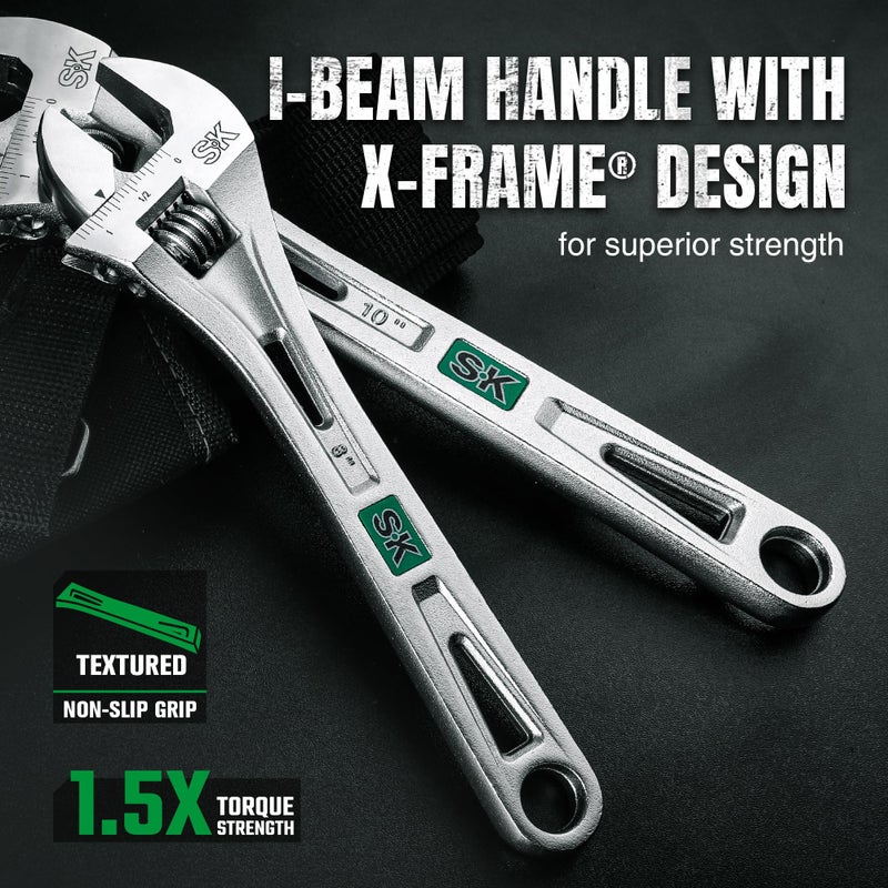 SK 3-Piece Adjustable Wrench Set, 6-Inch, 8-Inch, 10-Inch, Cr-V Steel, SAE & Metric Scales - Image 5