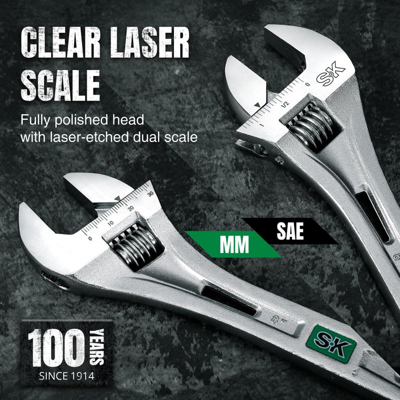 SK 3-Piece Adjustable Wrench Set, 6-Inch, 8-Inch, 10-Inch, Cr-V Steel, SAE & Metric Scales - Image 3
