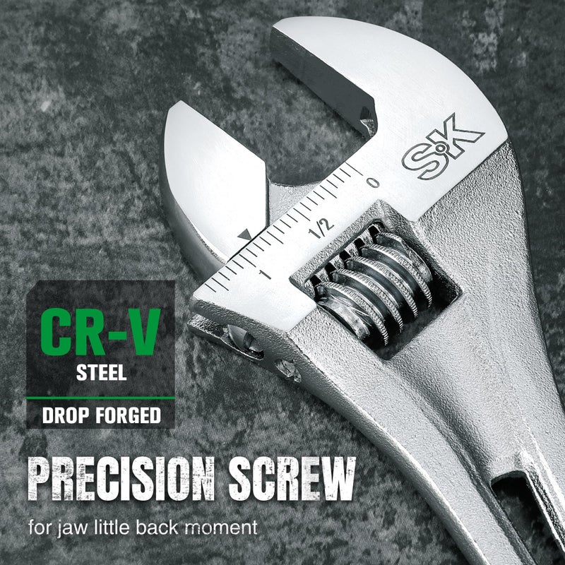SK 3-Piece Adjustable Wrench Set, 6-Inch, 8-Inch, 10-Inch, Cr-V Steel, SAE & Metric Scales - Image 4