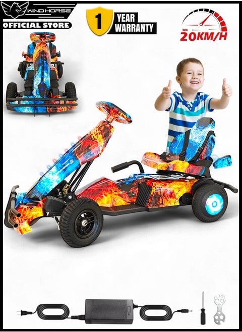 Kids Electric Go-Kart 250W Motor, 36V 4Ah Battery, 20km/h Speed, 8 Inches Tires, Steel Alloy Frame, Reverse Button, LED Wheels, 35-Min Ride Time, 4 Wheel Racer Car For Kids, Ride On Toy