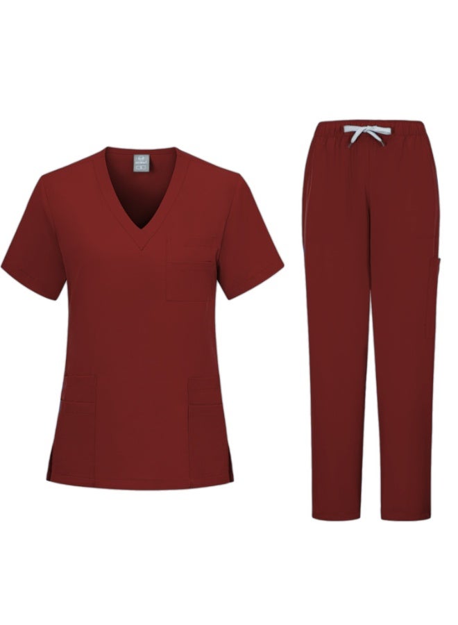 Loquat Womens Medical Scrubs Set Medical Uniform Set Wine Red - Image 1