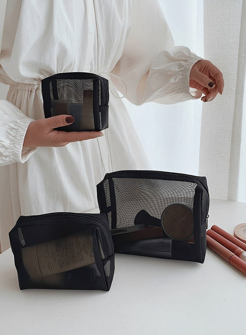 BELANO Mesh Cosmetic Bag Set Zippered, Makeup Organizer Pouch Breathable, Travel Toiletry Storage Bags Black 3 Pieces - Image 5